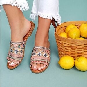 The Kamala Beige Embroidered Slide Sandals by Lulus